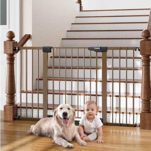 Cumbor 29.7-54.2" Wide Baby Gate for Stairs, Mom's Choice Awards Winner-Self Closing Dog Gate Indoor for Doorways, No Drilling Pressure Mounted Pet Gates for Kids, Easy Walk Through Safety Gate, Brown