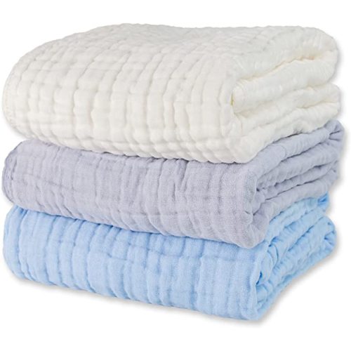 Muslin Baby Bath Towels Set 3 Pack Ultra Soft and Absorbent Baby Towels Infant Toddler Blanket Towel 6-Layer Natural Cotton Towel Suitable for Girl Boy 40x40 inches (White&Blue&Grey) - White&blue&grey