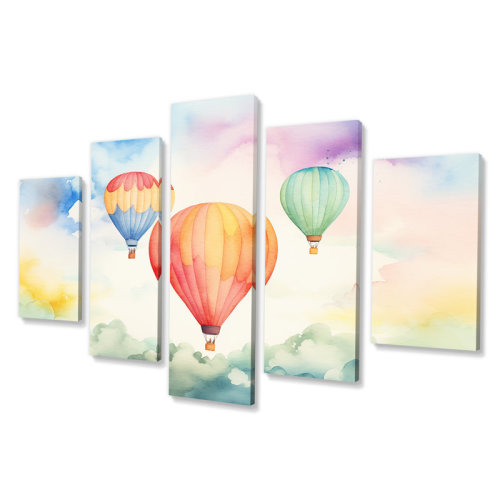 Winston Porter Green And Red Watercolor Hot Air Balloon Horizon III - Hot Air Balloon Multipanel Wall Art Decor | Wayfair