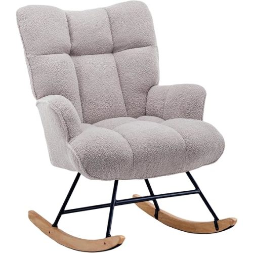 Rocking Chair Nursery Teddy Upholstered Glider Rocker Rocking Accent Chair Padded Seat with High Backrest Armchair Comfy Side Chair for Living Room Bedroom Offices (Grey Teddy)