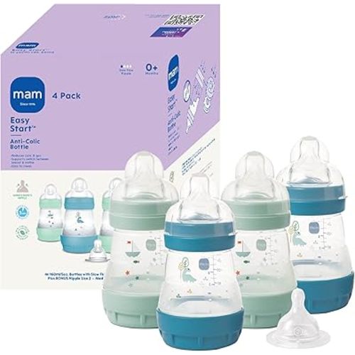MAM 5oz Easy Start Anti-Colic Baby Bottles, Slow Flow with Bonus Medium Flow Nipple, Reduces Colic, Gas, & Reflux, Easy-to-Clean, BPA-Free, Baby Bottles for Newborns, 0-3 Months