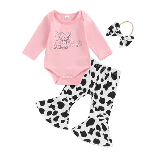 Honganda Newborn Infant Baby Girl 3Pcs Outfit Long Sleeve Cow Print Romper+Flare Pants+Headband Fall Clothes Set