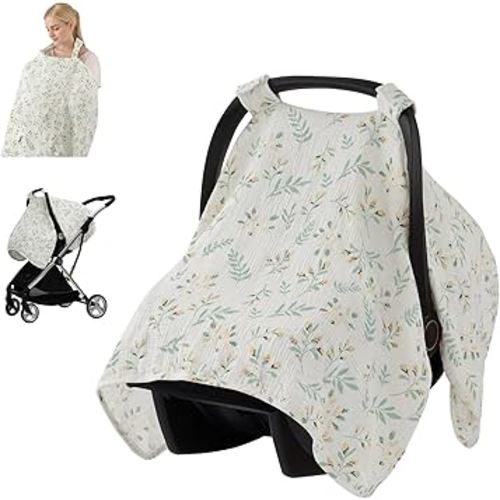 Blissful Diary 2-in-1 Muslin Baby Car Seat Cover, Multi-use Nursing Cover for Breastfeeding, Breathable Infant Car Seat Cover Canopy - Botanical Leaf