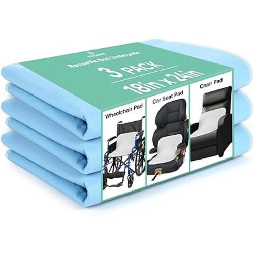 Washable Waterproof Underpads, 18" x 24" (3 Pack) Heavy Absorbency Reusable Incontinence Pads for Crib, Bassinet, Chair, Car Seat, Sofa, Wheelchair