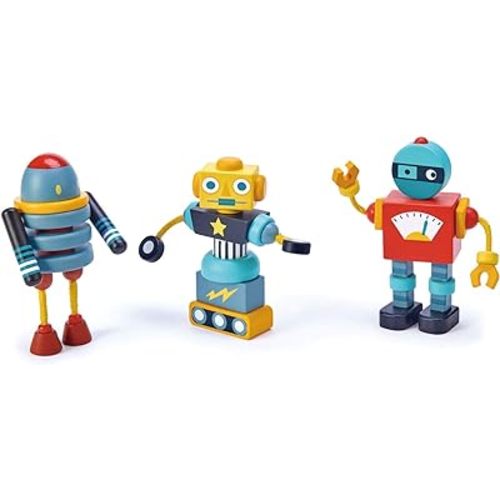 Tender Leaf Toys - Robot Construction - 17 Pieces Wooden Construction Set to Build and Stack 3 Robot in Endless Variations - Develops Problem Solving Skills and Imaginative Play for Children 3+