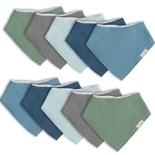Muslin Baby Bibs for Boys Girls,10 Pack Super Absorbent Baby Bandana Drool Bibs Set for Teething and Drooling,100% Cotton Soft for Infant,Newborn