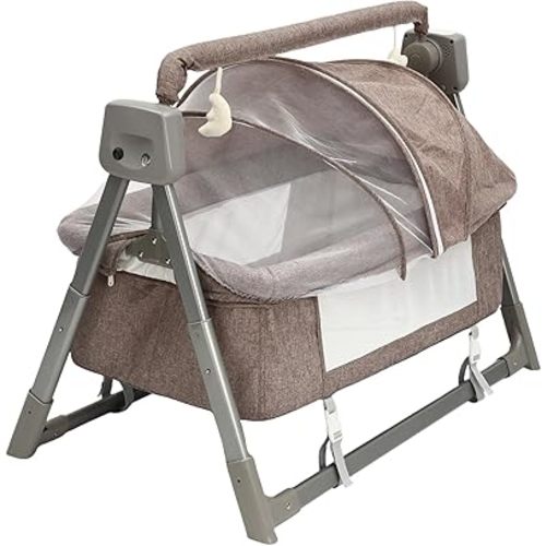 Electric Cradle Baby Swing Bed Rocking Chair, 5Gears Adjustable Automatic Rocking Recliner Crib Basket, Foldable and Portable Music Remoter Control Rocker Sleeping Basket Cot (Khaki)