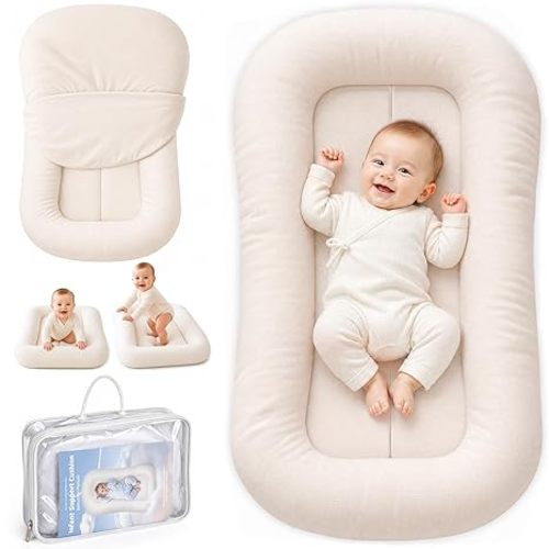 Infant Support Cushion - Breathable Cotton Baby Support Cushion for Babies 0-24 Months, Portable Tummy Time Mat for Home & Travel, Machine Washable, Perfect Baby Registry Gift, White
