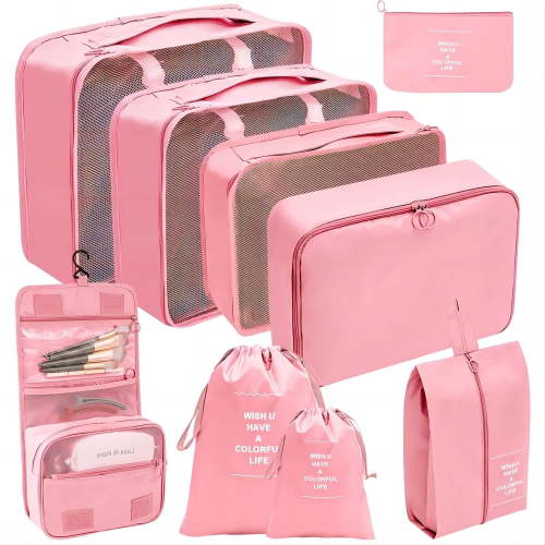 Packing Cubes 9 Set, Travel Packing Organizers with Large Toiletries Bag for Clothes Shoes, Pink