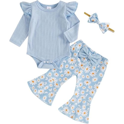 Newborn Baby Girl Fall Winter Outfits Ribbed Long Sleeve Romper Daisy Print Flared Pants Headband Set 0-18 Months - 9-12 Months - A-blue