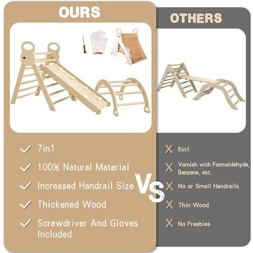 7 in 1 Pikler Triangle Set, Foldable Toddler Climbing Toys with Sliding Ramp & Climbing Arch Ramp, Wooden Montessori Climbing Set with Tent, Indoor Playground Jungle Gym for Kids Age 2-6 Years