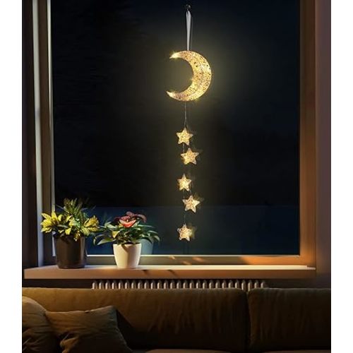 Lewondr Hanging Light,Rattan Moon Star Fairy Lights Indoor Decorative Lights Window Light Easy Operated Star Lights for Children's Room Bedroom Party Ramadan Decoration with Timer Fuction,White