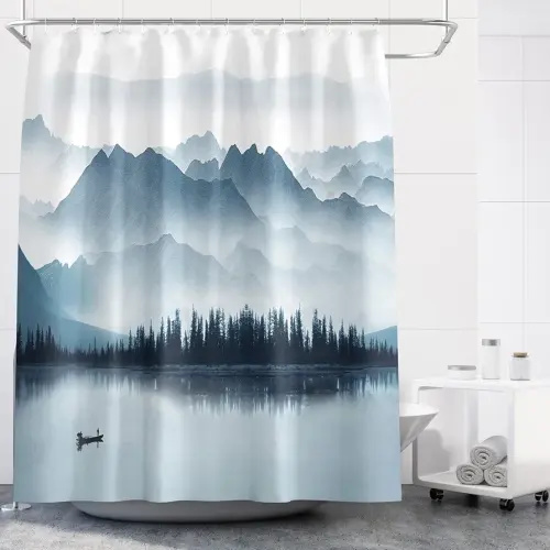 VCQPDEE Blue 72 X 72 Inches with 12 Hooks Navy Blue Mountain Forest Lake shower curtain Sets for Bathtub Bathroom Indigo Zen Landscape Fabric