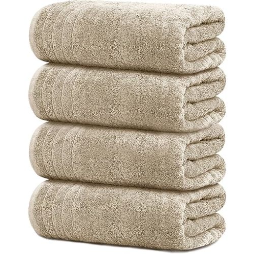 Tens Towels Pack of 4 Extra Large Bath Towels 30 x 60 Inches, 100% Cotton, Larger & Lighter Weight, Quicker to Dry, Super Soft and Absorbent, Perfect for Bathroom, Beige