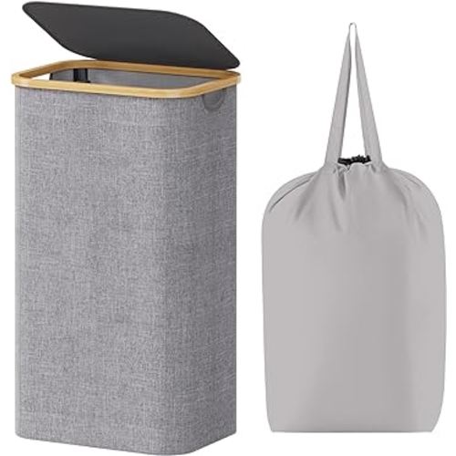 Lifewit 100L Laundry Basket with Lid, Clothes Hampers for Laundry with Bamboo Handles and A Removable Laundry Bag, Large Foldable Laundry Hamper for Bedroom, Bathroom, Dorm, Laundry Room, Light Gray