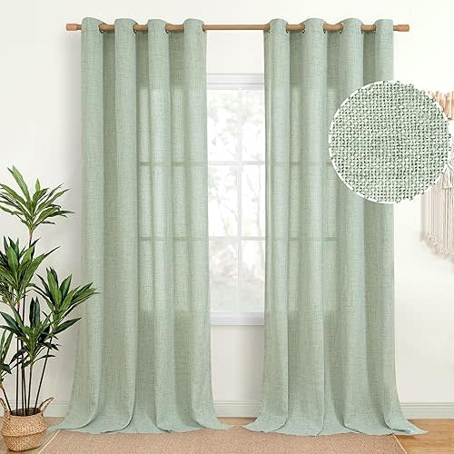 YoungsTex Natural Linen Curtains 90 Inch Long for Living Room Bedroom Grommet Top Light Filtering Privacy Linen Textured Window Semi Sheer Drapes, 2 Panels, 52x90 Inch, Sage Green