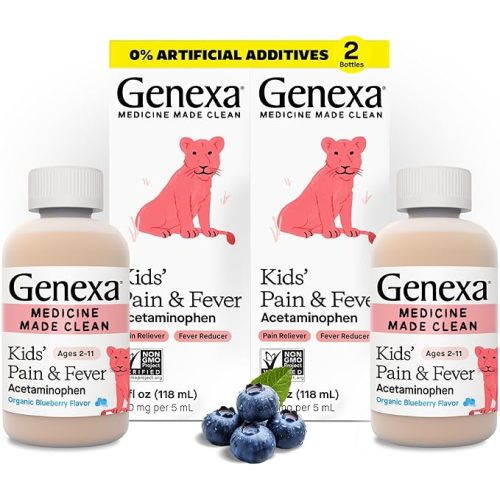 Genexa Kids’ Clean Pain & Fever Acetaminophen, Dye Free, 0% Artificial Additives, Delicious Organic Blueberry Flavor, Liquid Oral Suspension Medicine, Children 2-11, 160 mg per 5mL, 8 fl oz (2 Pack)