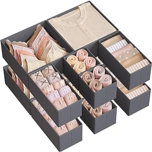 SONGMICS Drawer Organizer, Dresser Drawer Organizers, Set of 12, Foldable Fabric Storage Bins for Socks, Underwear, Bras, Ties, Scarves, Slate Gray URDZ006G03