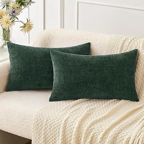 MIULEE Pack of 2 Green Throw Pillow Covers 12x20 Inch Soft Chenille Pillow Covers for Sofa Living Room Couch Solid Dyed Cases