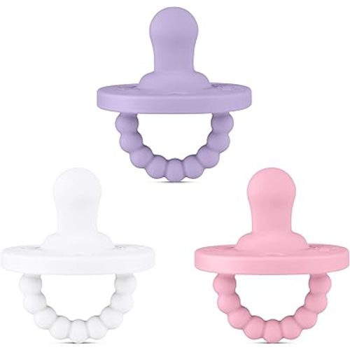 Ryan & Rose Cutie PAT All-in-One Pacifier and Teether Massaging Teething Ring and Hideaway Binky for Growing Babies (Bliss (3 Pack), Flat)