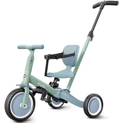 newyoo Toddler Tricycle with Push Handle for 1-3 Year Old, Toddler Bike, Birthday and Toy for Boys and Girls, 5 in 1 Kids Trike, Convert to Baby Balance Bike, Green, TR007