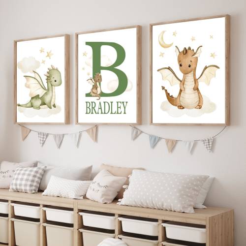 Dragon nursery, Baby dragon nursery art, Boy room decor, Fairytale baby dragons, Personalized name print, Unframed Prints or Canvas