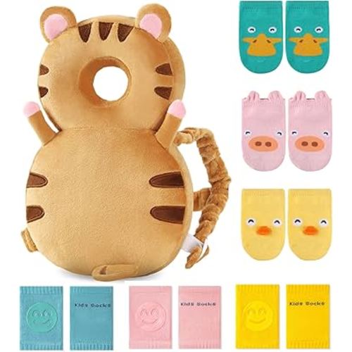 JunNeng Toddler Baby Head Protector Backpack for Toddler Walker with Knee Pads&Anti-Slip Socks, Tiger