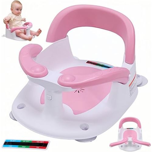 Baby Bath Seat for Babies 6 Months & Up Sitting Up,Infant Bath Seat with Temperature Alert+Open Backrest+on/Off Armrest,Toddler Bath seat Baby Bath Chair for Bathtub,Tub,Sink Pink