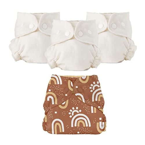 Esembly Cloth Diaper Bundle Set, 3 Organic Absorbent Inners and 1 Waterproof Recycled Diaper Cover, Reusable Washable Diapers with Snap Closure, Size 2 (18-35lbs), Sunshower