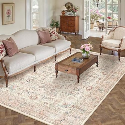 6x9 Pink Washable Area Rugs for Living Room Non Slip Low Pile Vintage Boho Throw Rug Soft Retro Distressed Floral Large Carpet Indoor Farmhouse Decor for Bedroom Dining Room Office Kitchen Playroom