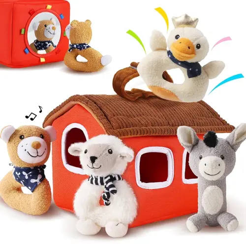 iPlay, iLearn Baby Toys 3 6 12 Month Newborn Gifts, Infant Soft Farm Stuffed Animal Rattles Plush Barn, Boy Girl Stuff, Shower Basket Stuffer, Sensory Hand Development Toy 0 2 4 7 9M 1 Yr - Farm