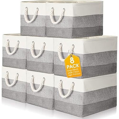 meekoo 8 Pack Collapsible Storage Bins Fabric Storage Bins Polyester Fabric Baskets with Handles Linen Closet Organizer for Shelf Home Closet Towels Toys(15 x 11 x 9.5 in,Mixed Gray)