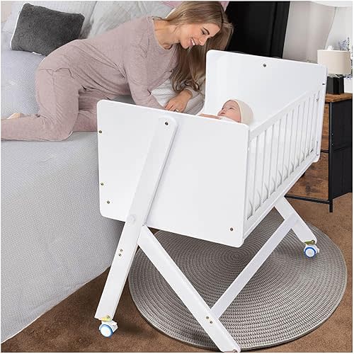 Baby Bassinet Bedside Sleeper - 15° Rocking Pine Wood Bedside Bassinet with Mattress,Mini Crib with Foldable Side Rail,3-in-1 Cunas para Bebes,Baby Crib for Newborn,Nursery,Small Space