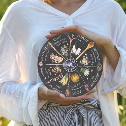 Wheel of the Year Round Wood Sign, Witchy Boho Whimsigoth Decor, Pagan Wiccan Sabbats Calendar, Gifts for Grimoire, Astrology Lovers.