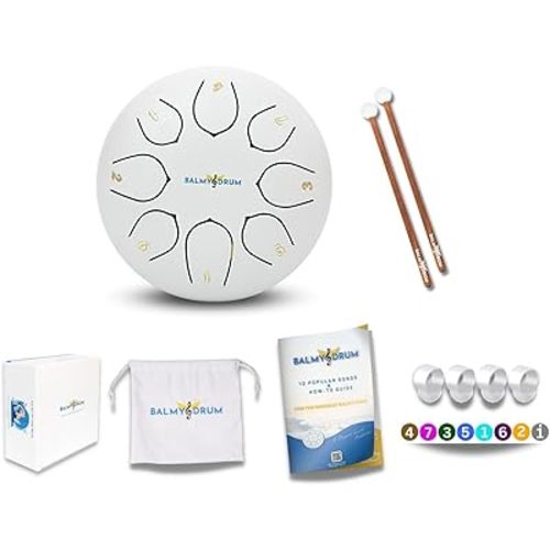 The Balmy Drum - 8 Note 6 Inch Steel Tongue Drum, Steel Drum Instrument, Drums For Children and Adults, Balmy Drum Set for Kids with Music Book, Handpan, Mallet and Carry Bag (White)