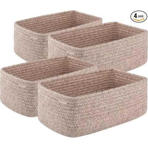 4 Pack Small Storage Shelf Baskets for Organizing, Mini Woven Rope Storage Bins for Towels, Cute Decorative Closet Organizer,Baby Nursery, Gift Empty Baskets -11.81''Lx7.87''Wx4.72''H'-Brown