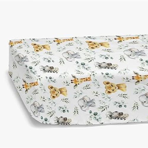 HawSkgFub African Safari Animal Eucalyptus Leaf Fitted Standard Baby Crib Sheet, Neutral Jungle Elephant Giraffe Zebra Lion Toddler Mattress Cover, Soft Stretchy Nursery Bed Sheets Kids Gift 52" x 28"