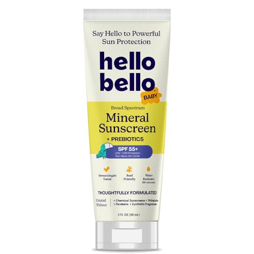 Hello Bello Mineral SPF 55 Sunscreen Lotion with Prebiotics, Water Resistant and Reef Friendly Sun Protection for Babies and Kids, 3 fl oz (Pack of 1)