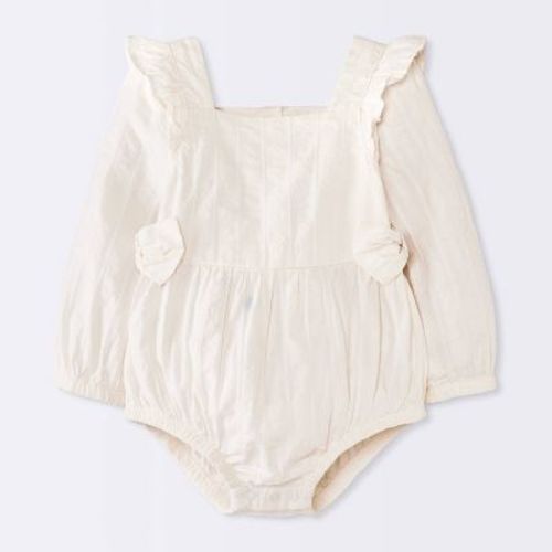 Baby Girls' Textured Long Sleeve Bow Romper - Cloud Island™ White 3-6M