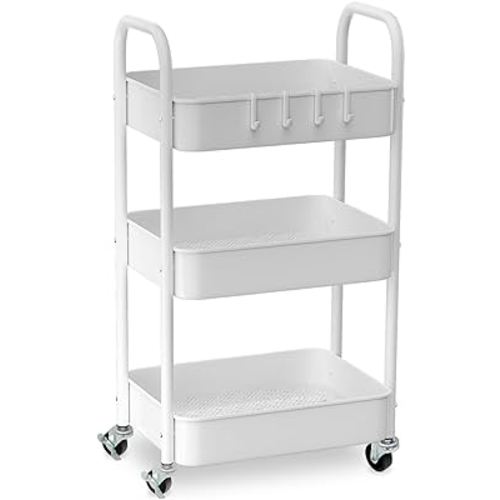 3 Tier Metal Rolling Utility Cart, White Kitchen Storage Cart with Lockable Wheels & Hooks, Multifunctional Organizer Shelf for Office, Living Room, Bathroom, Grocery