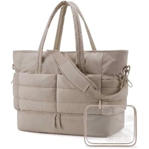BAGSMART Large Travel Duffel Bag with Shoe Compartment, Puffer Carry-On Gym Weekender Bag for Women, Camel