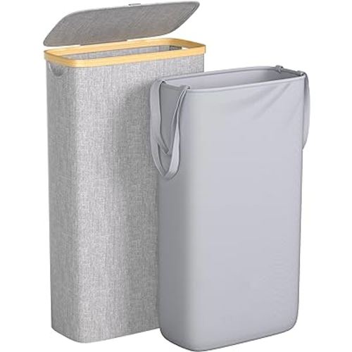 Slim Laundry Hamper, 60L Waterproof Narrow Laundry Basket with Lid and Removable Bag, Collapsible Tall Clothes Hamper with Bamboo Handles for Clothes Toys in Dorm Bedroom Bathroom, Grey