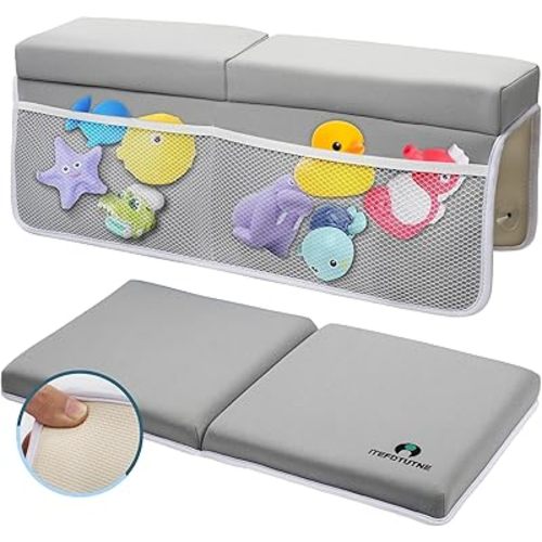 Memory Foam Bath Kneeler and Elbow Rest Set Baby Bath Kneeling Pad,Bathtub Kneeling Pad Painless Memory Foam Mat with Bath Toys Organizer Pockets Quick Drying,Non-Slip for Baby and Toddler
