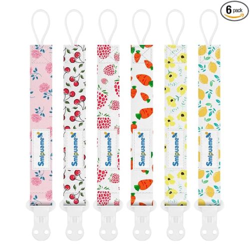 Smlpuame Pacifier Clip Girl,6 Pack Stylish Binky Clips Strap for Baby Girls,Paci Holder with Clip Lightweight Universal Fits Most Pacifiers Teether Toy Teething Ring Soothie,Baby Gift(Flower & Fruit)