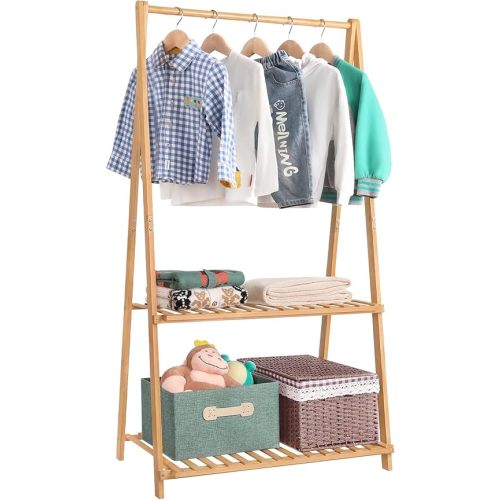 Small Clothes Rack Kids Dress Up Storage for Playroom, Toddlers Bedroom, Bamboo Child Garment Rack with 2 Tier Storage Shelf, Kids Clothing Rack Costumes Organizer