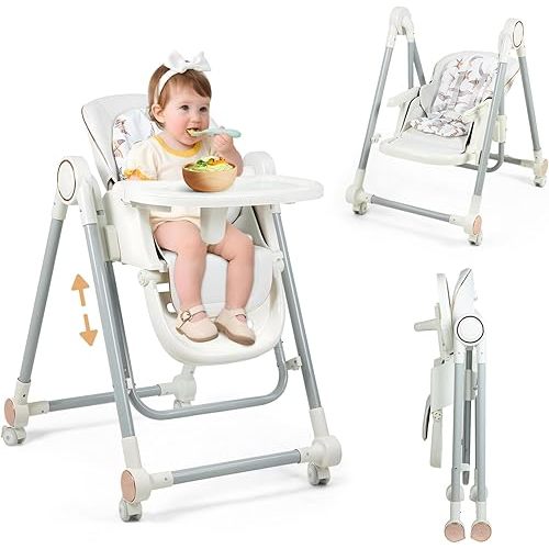 Foldable High Chair for Babies and Toddlers,Baby Swings for Infants 6-36 Months Old, Portable Baby Chair with Adjustable Backrest, Footrest, Tray, and Seat Height, Detachable Leather Cushion