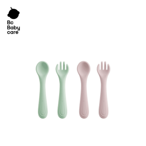 BC Babycare Toddler Silicone Forks Spoons, 4 Pack, Pink and Green,Baby Training Utensils for 6M+