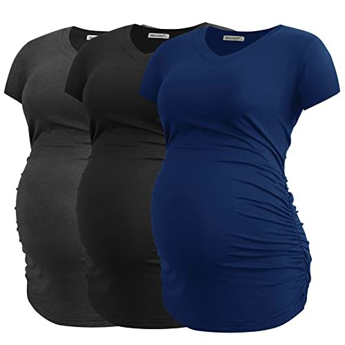 Smallshow Women's V Neck Maternity Clothes Tops Side Ruched Pregnancy T Shirt