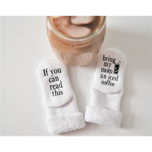 Gifts for Mom, Unisex Baby Shower Gift, If you Can Read This Bring my Mom an iced Coffee, Baby Socks, Mothers Day Gift, Coffee Socks