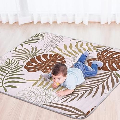 Green Plant Theme Portable Baby Play Mat, 43 x 43 Inch Washable Foldable Crawling Mat, Non Slip Playmat for Babies, Kids Play Mats Pad for Floor Playpen Toddler Infants Tummy Time Activity
